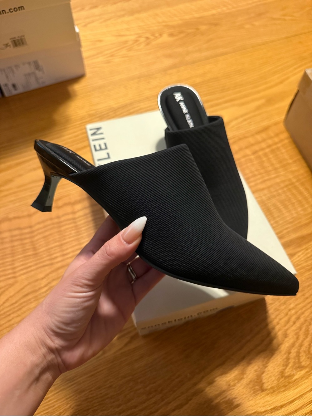 Anne Klein Black Pointed-Toe Kitten Heel Mules